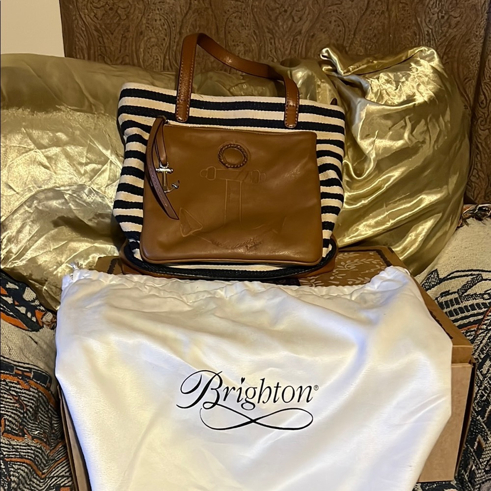 Brighton Tan and Black Tote with Classic Stripes - Picture 1 of 3